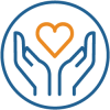 A circle illlustration of hands enveloping the shape of a heart