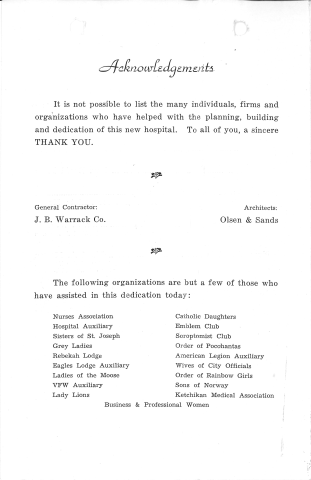 Program Acknowledgements of the 1963 Dedication Ceremony of Ketchikan General Hospital