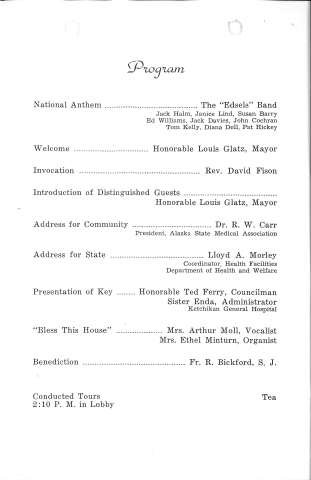 Program Schedule of the 1963 Dedication Ceremony of Ketchikan General Hospital