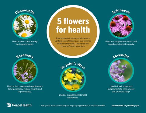 images of 5 yellow and purple flowers and text about the benefit of each