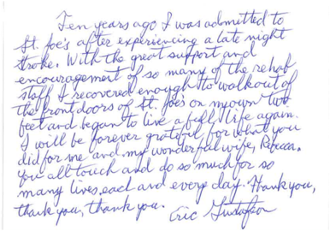 Eric’s handwritten card to the Rehab team