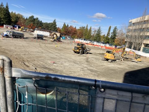 Construction vehicles working on the grounds of St. Joseph Medical Center