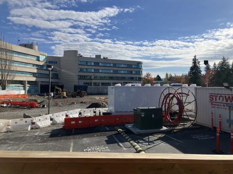 Construction vehicles working on the grounds of St. Joseph Medical Center