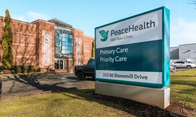 Exterior photo of PeaceHealth Mill Plain Clinic entrance and sign