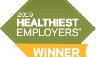 Green diamond shape with the words "2019 Healthiest Employers Winner"