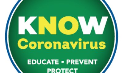 Round green icon with the words "Know Coronavirus, Educate - Prevent - Protect"