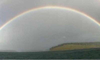 A double rainbow against a cloudy gray sky