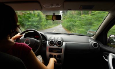 A woman drives a car through a forest with her hand on shifter knob