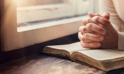 Folded hands in prayer resting on a bible next to the window
