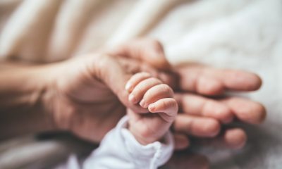 Adult and baby holding hands.
