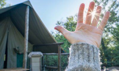 Close-up of hand held up with sunlight beaming through fingers