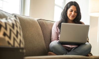 woman works on a laptop