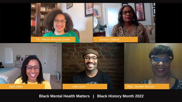 Faces of five people in an online discussion event