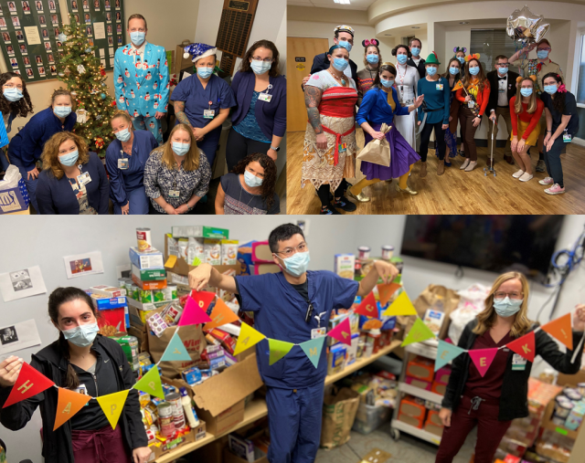 3 separate photos showing residents in masks performing various acitivities