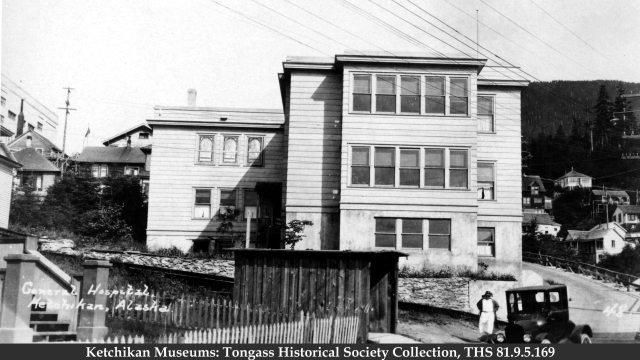 Old black and white photo of the Ketchikan General Hospital in Alaska
