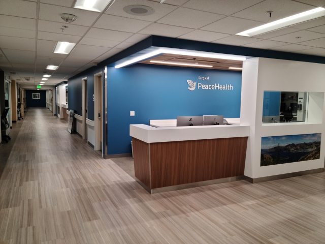 Front interior entrance view of PeaceHealth St. John 8th floor surgical unit