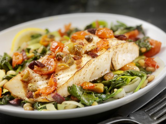 Grilled Halibut with Capers, Olives and Tomatoes recipe