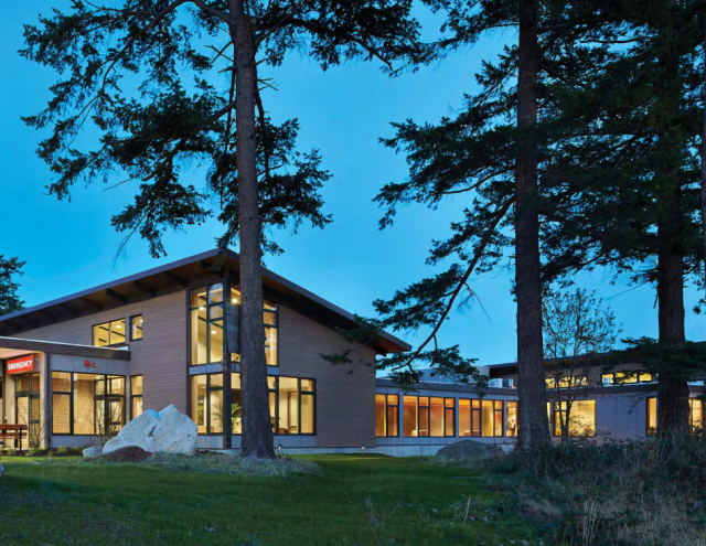 Peace Island Medical Center at dusk