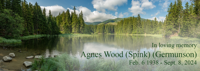 A forested mountain scene with overlaid text tribute to Agnes Wood
