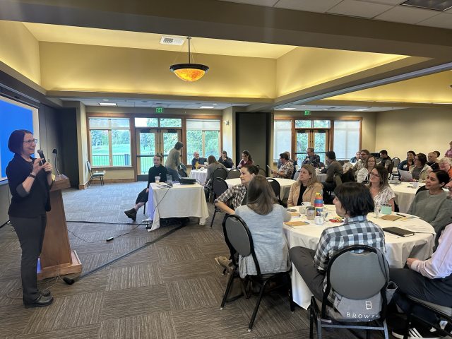 Dr. Lorna Gober, chief medical officer of PeaceHealth's Northwest network, addresses attendees at a recent training for medical professionals on substance use disorder treatment.