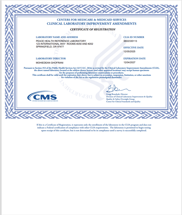 Certificate of Registration PeaceHealth Reference Lab