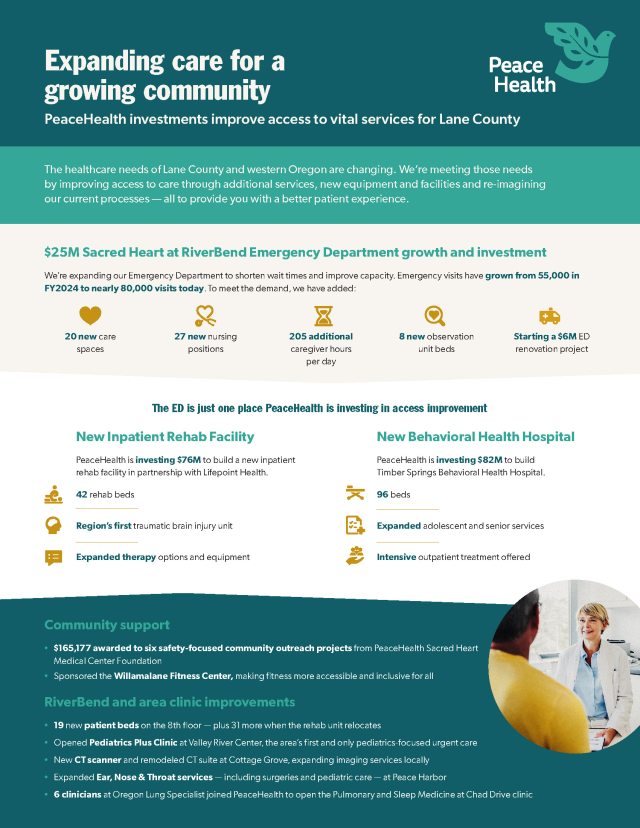 Cover page 1 of "Expanding care for a growing community" in Lane County PDF