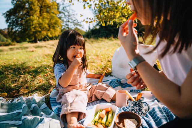 young girl and mom eat picnic on a blanket outdoors