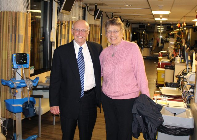 Don Heimbigner and PeaceHealth Board Chair Sister Andrea Nenzel tour the newly-named Elaine & Don Heimbigner Oncology Infusion Center