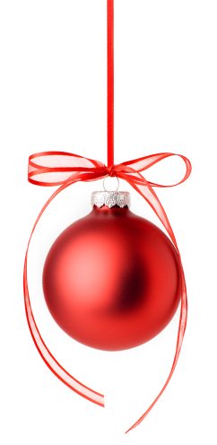 Illustration of a round, red holiday ornament hanging by ribbon