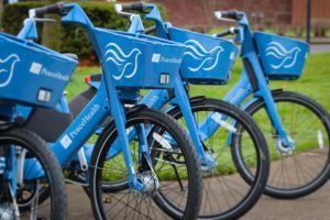 PeaceHealth Rides bicycles. PeaceHealth Rides is a bike-share program in Eugene, Ore.