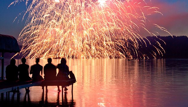 Silhouette of group of people watching fireworks from a dock