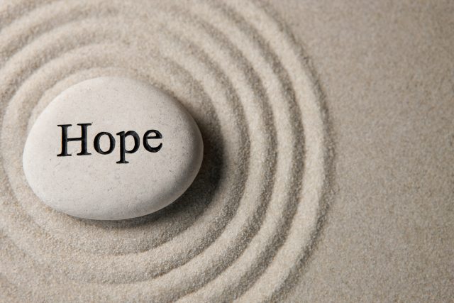 A stone with the word "Hope" rests in a sand filled area with concentric circles around it.