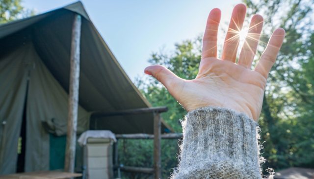 Close-up of hand held up with sunlight beaming through fingers
